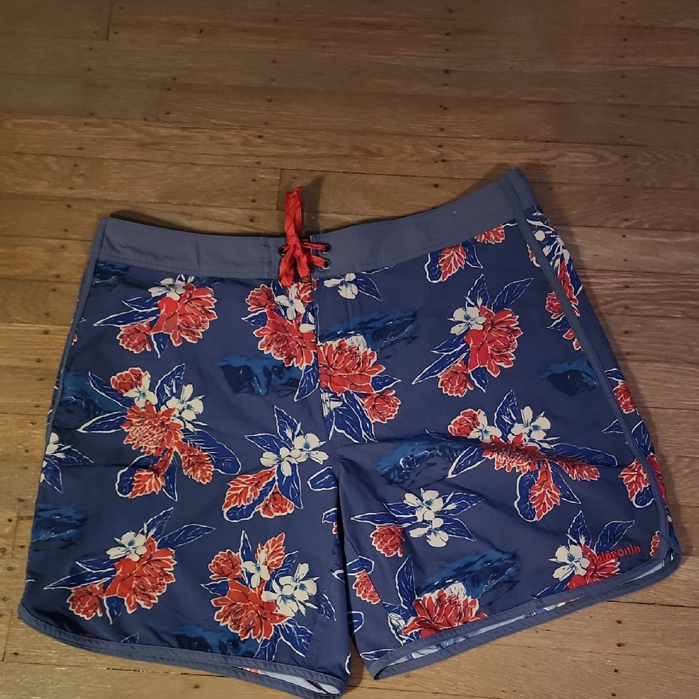 Patagonia Blue Floral Men Swim Board Shorts Wave Fater Size 38 Tie Front 18"